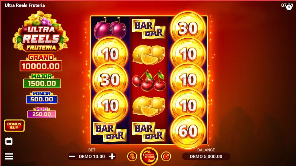 Tampilan visual mesin slot Ultra Reels Fruteria dengan simbol buah yang cerah